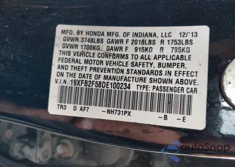 2013 Honda Civic Lx из США, поврежденный, VIN 19XFB2F58DE100234